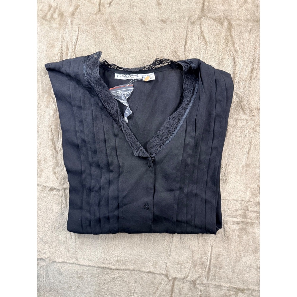 Claudia Richard Woman Black Lace Trim Pintuck Pleated V-Neck Blouse 24W NWT